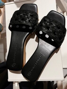Tory Burch Black Woven Leather Slide Clogs with Wood-Effect Platform